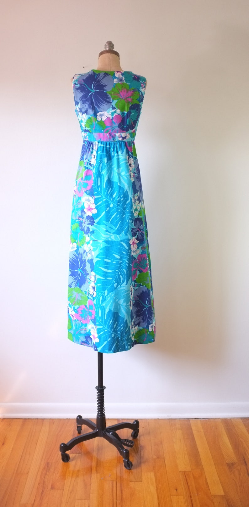 vintage Hawaiian dress vintage 1970s floral dress vintage hibiscus dress vintage blue maxi dress image 5
