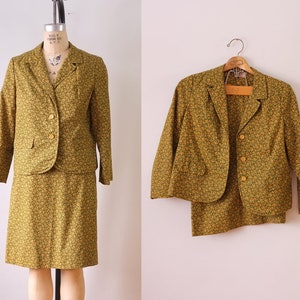 vintage floral skirt suit vintage 1960s green and yellow floral skirt suit vintage Westbury blazer and skirt set image 1