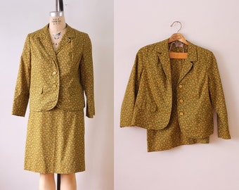 vintage floral skirt suit | vintage 1960s green and yellow floral skirt suit | vintage Westbury blazer and skirt set