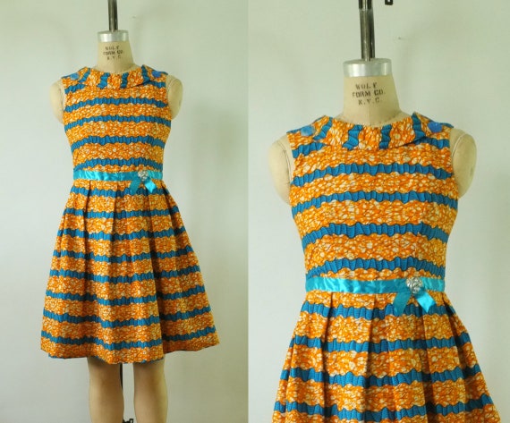 vintage 1960s party dress | vintage orange + blue… - image 1
