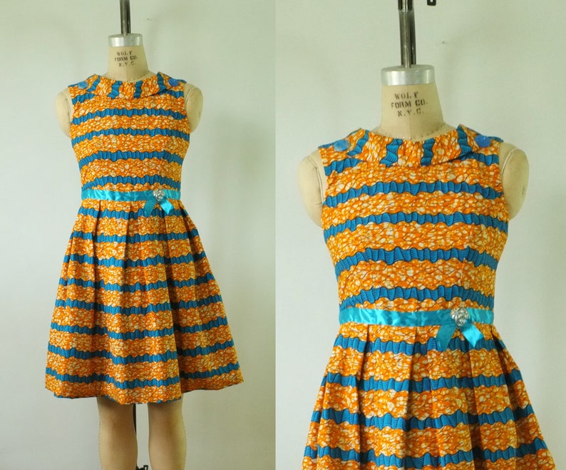 vintage 1960s party dress vintage orange blue dress african inspired print dress vintage 60s orange dress image 1