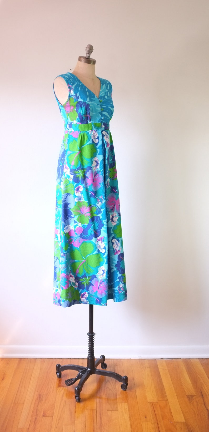 vintage Hawaiian dress vintage 1970s floral dress vintage hibiscus dress vintage blue maxi dress image 3