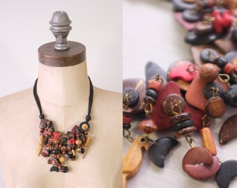 vintage artisan beaded necklace | vintage 1970s wooden bird necklace | vintage bib necklace | vintage boho 70s necklace