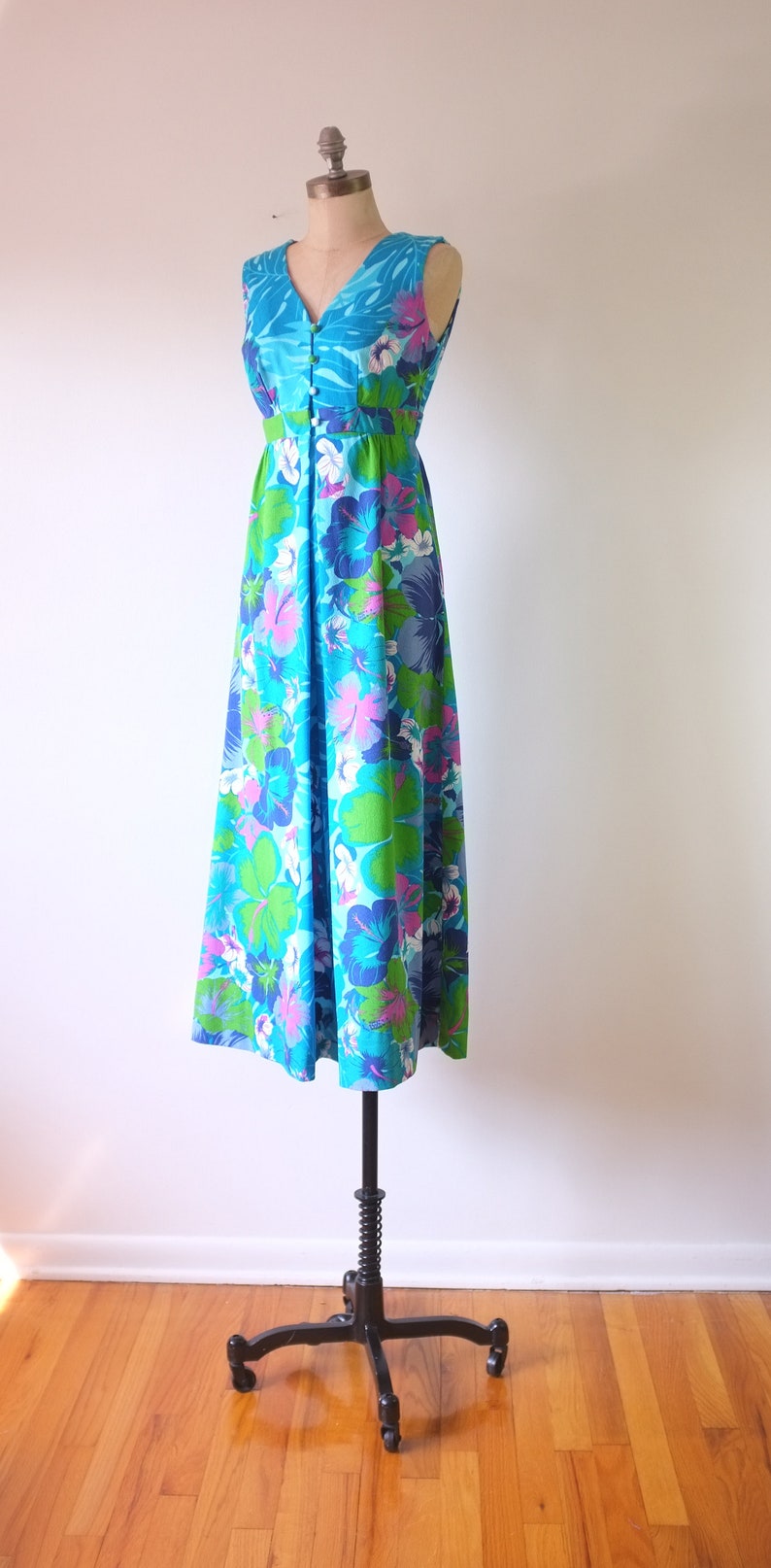 vintage Hawaiian dress vintage 1970s floral dress vintage hibiscus dress vintage blue maxi dress image 7