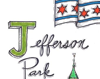J is for Jefferson Park Chicago art print wall art wall decor home decor neighborhood art Chicago pride Illinois illustration
