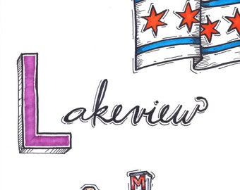 L is for LAKEVIEW Chicago art print wall art wall decor home decor neighborhood art chicago pride illinois illustration