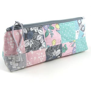 Cotton patchwork zipper case, triangle shaped stationery storage pouch,  made in France