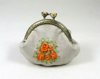 Floral coin purse, Embroidered coin purse, Hand embroidery, linen frame purse, For her, beige and orange change purse