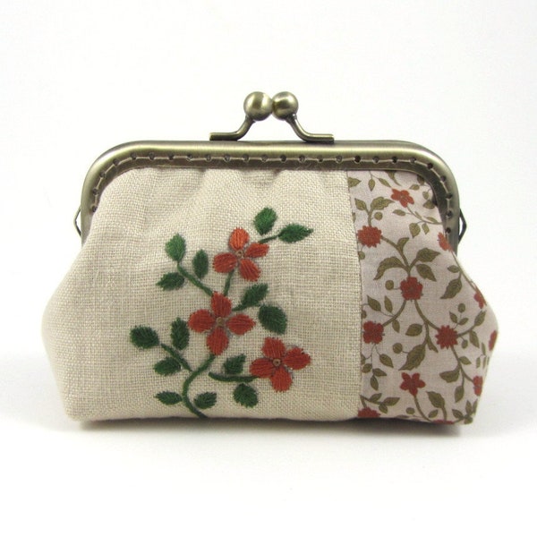 Hand embroidered purse, linen and cotton coin wallet, kisslock change purse, unique gift, metal clasp purse