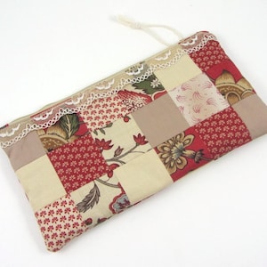 Cotton patchwork pouch, padded cosmetic bag with lace, multi-usage zipper case