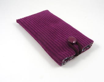 Corduroy fabric cellphone case, eggplant color phone pouch, handmade for her