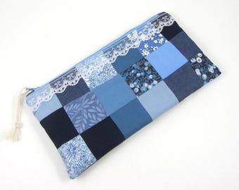 Ręcznie robiona, patchworkowa kosmetyczka z zamkiem błyskawicznym: niebieska bawełniana kosmetyczka podróżna