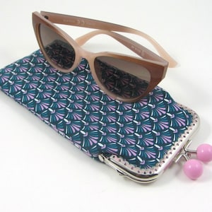 Soft glasses case, eyeglass holder, womens spectacle case, bobble clasp pouch, sewn kiss lock frame, pink and green