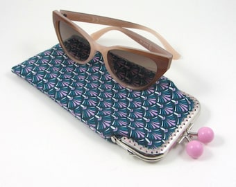 Étui à lunettes, étui avec fermoir argenté boules roses, porte-lunettes en coton,,  housse lunettes souple, vert et rose