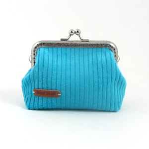 Porte-monnaie en velours côtelé, porte-monnaie à fermoir, portefeuille en tissu bleu lagon, cadre métallique cousu main,