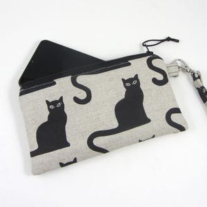 Pochette en tissu chat noir, étui pour téléphone portable, portefeuille en lin et coton avec emplacement pour carte d'identité, bandoulière amovible, cadeau pour elle