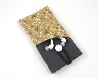 Soft padded phone case, floral cotton sleeve with earbud pocket, made in France
