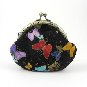 Monedero de algodón con forma de mariposa, monedero con cierre de beso, billetera con marco cosido a mano, multicolor y negro, regalo para mujer