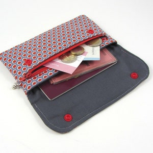Pochette i phone femme, portefeuille plat gris et rouge, porte carte d'identité, porte document, étui de voyage passeport, pochette zippée