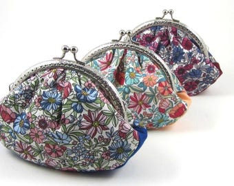 Floral kisslock cosmetic pouch, Pleated cotton frame clutch, small storage organizer pouch