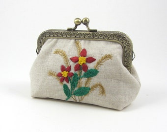 Hand embroidered purse, linen coin purse, kiss lock change purse, unique gift for women, cards and coin holder