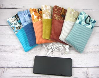 Corduroy phone sleeve with front pocket, soft fabric protection cover, choose your color