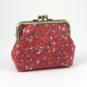 Monedero con dos compartimentos, cartera con cierre de beso para mujer, monedero con doble cierre, tarjetero y monedero, bolsa de algodón con estampado floral rojo