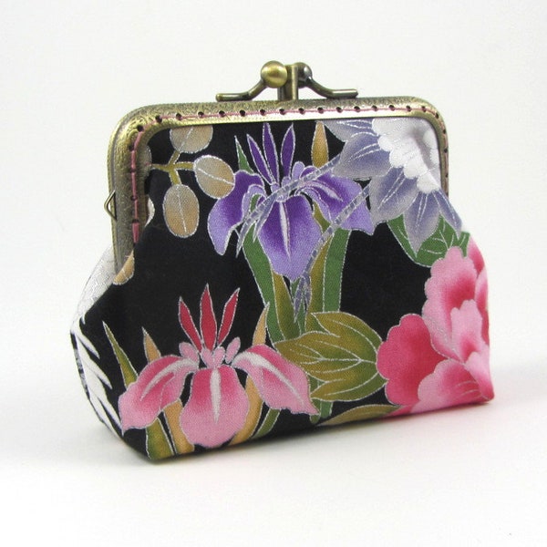 Japanese cotton purse, vintage metal frame,  two compartments, card and coin holder, Double kiss lock purse, gift for her