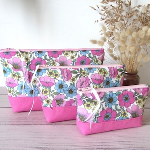 Trousse à cosmétiques avec doublure imperméable, trousse de voyage en coton de différentes tailles, trousse de toilette aux couleurs vives, trousse à fermeture éclair floral rose bonbon, cadeau pour elle