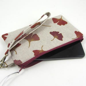 Custodia per cellulare, pochette in lino con cerniera e tracolla removibile, foglie di ginkgo bordeaux e oro, pochette per documenti o trucco