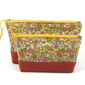 Trousse de voyage, trousse de toilette imperméable, sac écologique en denim orange recyclé, pochette à accessoires en tissu doublé