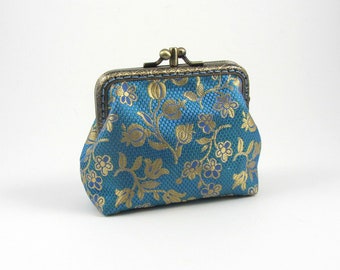Monedero de seda, cerradura de doble beso, bolso de 2 secciones, azul turquesa y oro metálico, brocado de seda, marco vintage cosido a mano