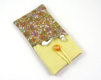 Padded floral phone case, yellow and orange cotton sleeve with earbud pocket, small gift