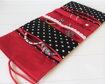 Handmade Travel Jewelry Pouch: Red & Black Cotton Organizer, Zipper Pockets - Made in France