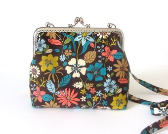 Small shoulder bag, floral corduroy bag, kisslock frame purse, silver clasp bag with removable strap, gift for her