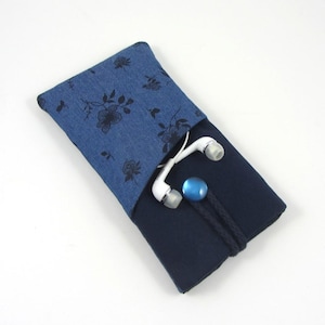 Étui pour téléphone en coton fait main, étui pour téléphone respectueux de l'écho, étui rembourré imprimé bleu jean, housse pour iPhone en tissu doux