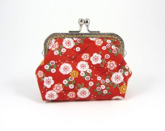 Handstitched kiss lock coin purse, red floral japanese cotton wallet,  womens small clutch