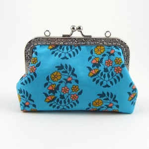 Porte-monnaie et porte-cartes de crédit, portefeuille bleu à fermoir floral, cadre kisslock en métal cousu, pochette à fermoir d'inspiration vintage, cadeau pour elle