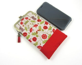 Étui de téléphone, pochette à fermoir clic clac, lapins et coquelicots, pochette i Phone, étui smartphone