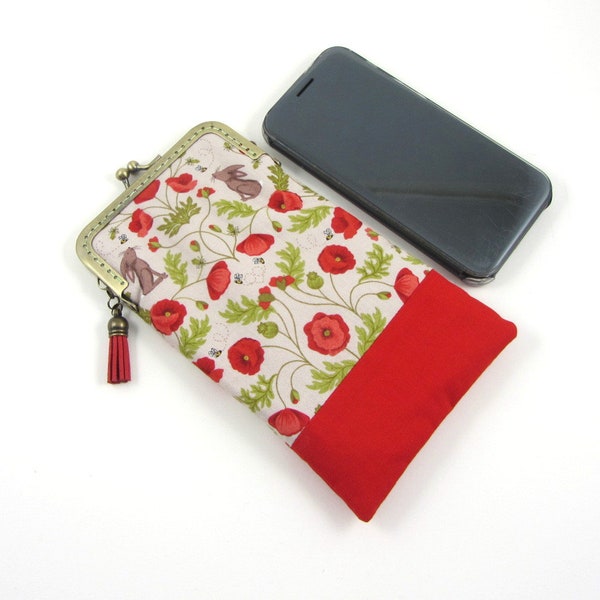 Étui de téléphone, pochette à fermoir clic clac, lapins et coquelicots, pochette i Phone, étui smartphone