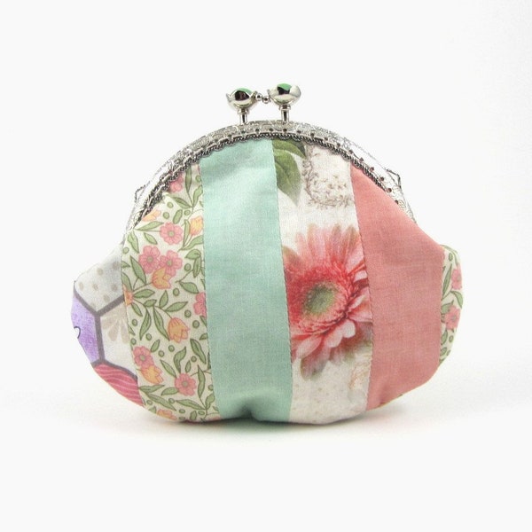 Silver clasp coin purse, patchwork purse, shades of pink and green, kiss lock wallet, hand stitched frame, gift for her