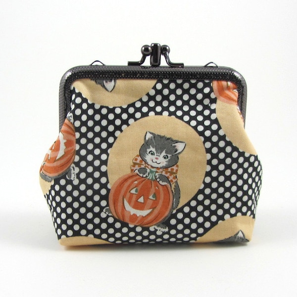 Twin frame coin purse,  black metal double kisslock , pumpkin cats and dots, hand sewn double frame purse, cards  and cash