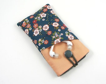 Etui na telefon z japońskiej bawełny w kwiaty, przednia kieszeń na słuchawki douszne, wyściełana kieszeń na smartfon