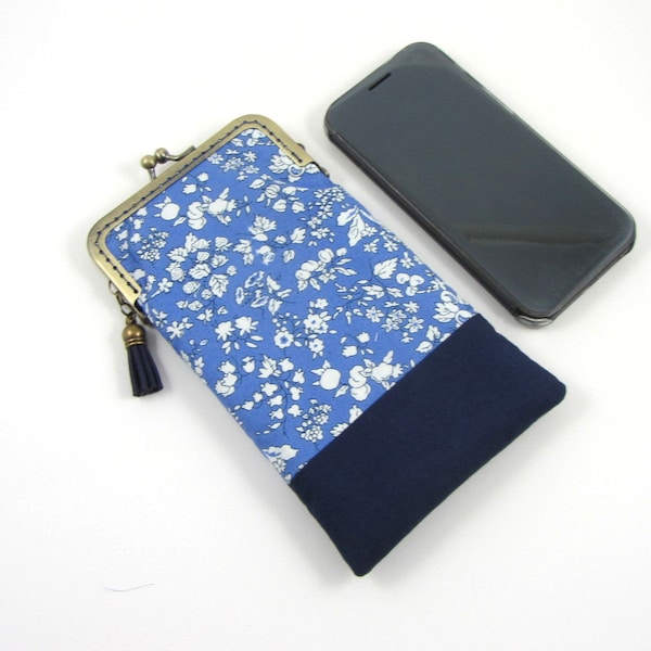 Étui de téléphone à fermoir clip, pochette i Phone, liberty coton bleu, étui smartphone, étui portable