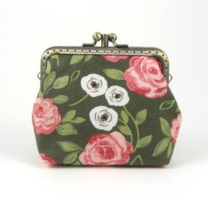Portamonete a doppio scomparto, portafoglio retrò con chiusura a bacio a forma di fiore, organizer per monete e carte, verde scuro e rosa, portamonete con doppia chiusura a bacio