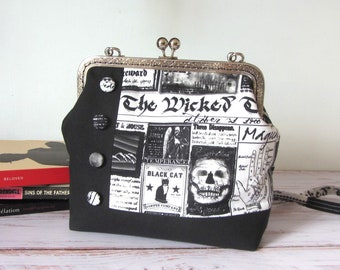Metal clasp frame bag, wicked times newspaper purse, vintage style kisslock, unique bag with removable strap, inside zip pocket