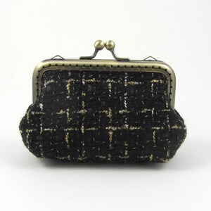 Black Tweed Coin Purse: Handstitched Kisslock Clasp, Bronze Frame