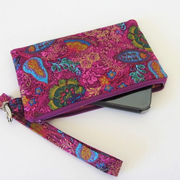 Iphone clutch pouch, small zippered wristlet, travel case for smartphone, pouch with detachable strap, soft phone pocket