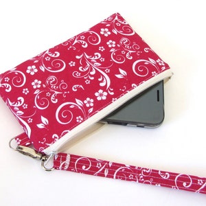 Custodia da polso per iPhone, tasca per telefono in cotone floreale, custodia con cerniera, lampone e bianco, pochette per cellulare per lei