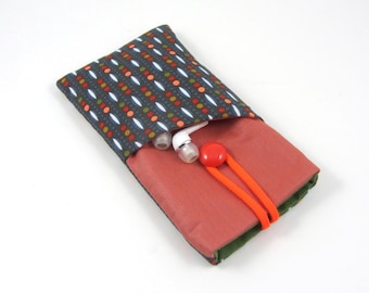 Padded Fabric Phone Sleeve: Brown & Orange Cotton Pouch with Earbud Pocket
